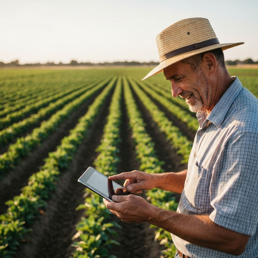 Produtor rural usando plataforma AgroNeri no tablet no campo